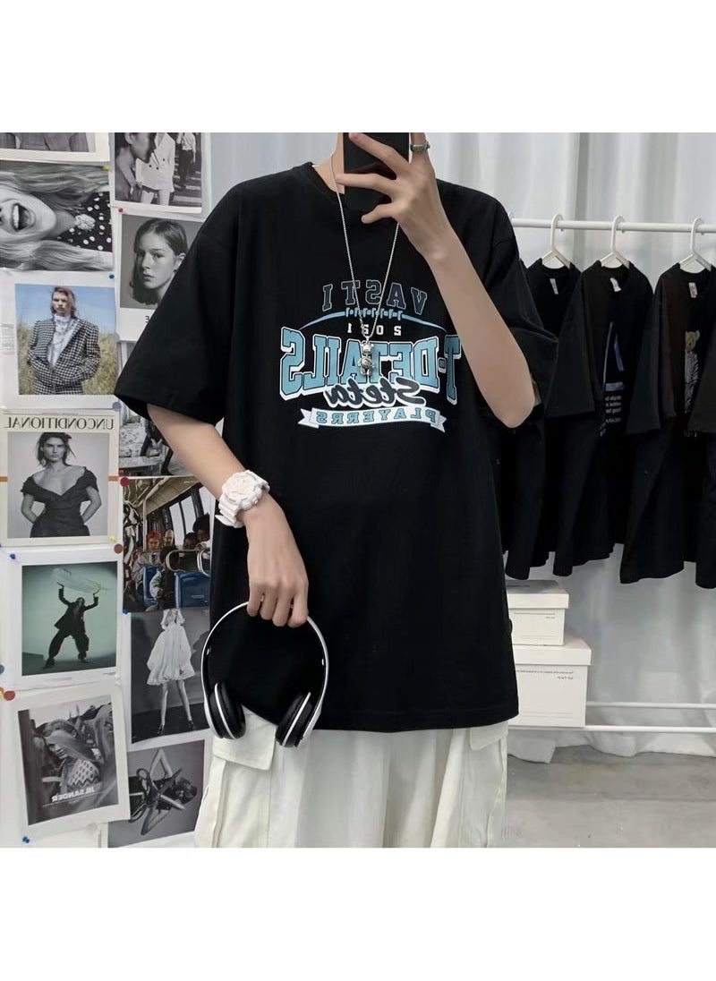 Generic - Summer Short Sleeve Shirt Men Hong Kong Style Loose Trendy Casual Base Shirt Fashion Brand Letter Couple Round Neck T-shirt Black - Image 1