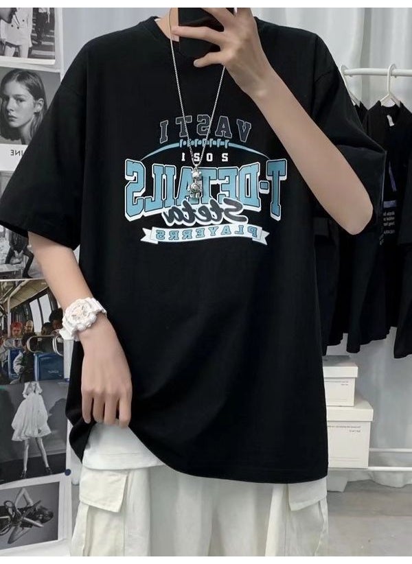 Generic - Summer Short Sleeve Shirt Men Hong Kong Style Loose Trendy Casual Base Shirt Fashion Brand Letter Couple Round Neck T-shirt Black - Image 1