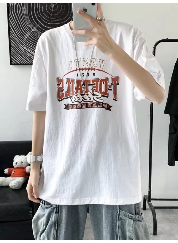 Generic - Summer Short Sleeve Shirt Men Hong Kong Style Loose Trendy Casual Base Shirt Fashion Brand Letter Couple Round Neck T-shirt Black - Image 1