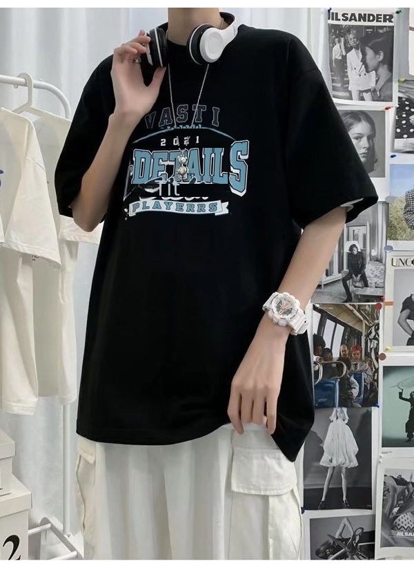 Generic - Summer Short Sleeve Shirt Men Hong Kong Style Loose Trendy Casual Base Shirt Fashion Brand Letter Couple Round Neck T-shirt Black - Image 1