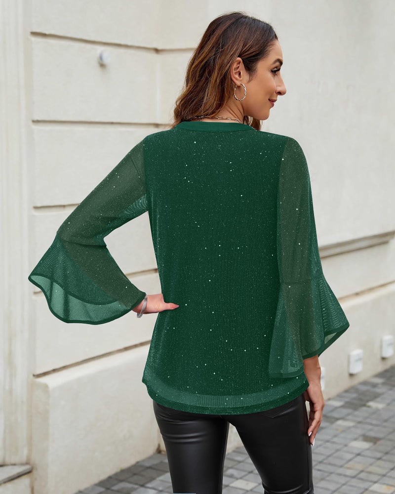 VALOLIA Elegant Blouses for Women, Womens Tops Dressy Sparkly Bell Sleeve Flowy Shirts Plus Size Women's Fall Tunics 2024 Fancy Tops for Women for Evening Party Green Large - Image 3