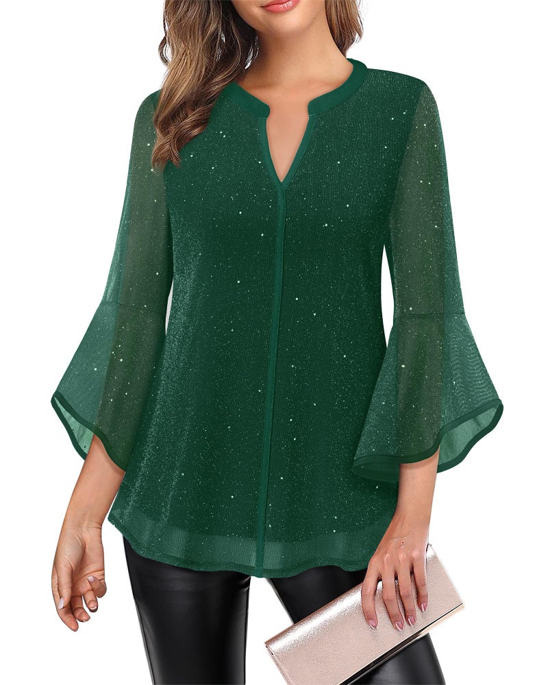 VALOLIA Elegant Blouses for Women, Womens Tops Dressy Sparkly Bell Sleeve Flowy Shirts Plus Size Women's Fall Tunics 2024 Fancy Tops for Women for Evening Party Green Large - Image 1