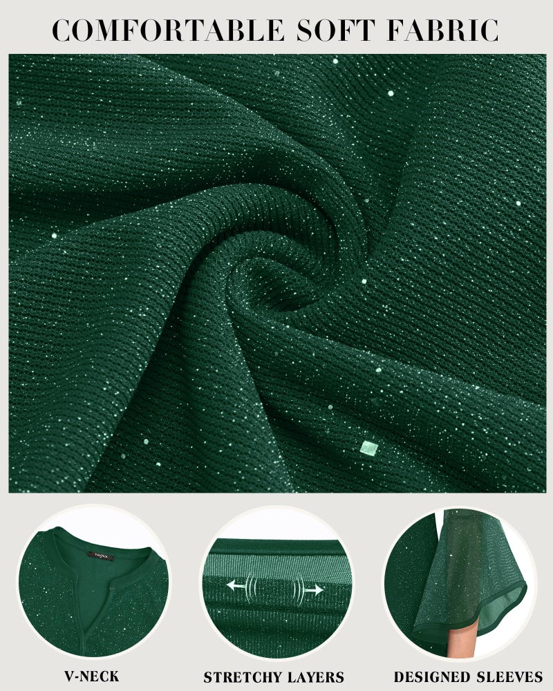 VALOLIA Elegant Blouses for Women, Womens Tops Dressy Sparkly Bell Sleeve Flowy Shirts Plus Size Women's Fall Tunics 2024 Fancy Tops for Women for Evening Party Green Large - Image 4