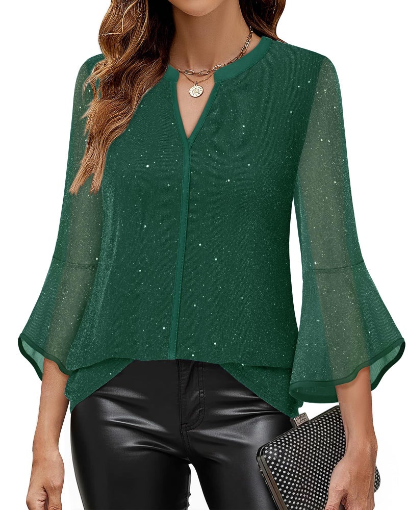 VALOLIA Elegant Blouses for Women, Womens Tops Dressy Sparkly Bell Sleeve Flowy Shirts Plus Size Women's Fall Tunics 2024 Fancy Tops for Women for Evening Party Green Large - Image 2