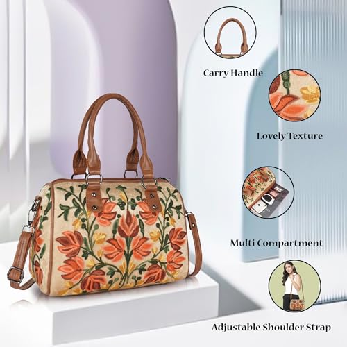 EVEDA Women Floral Embroidered Shoulder Bag, Vintage Style Handbag with Leather Handles,Sling Strap with Botanical Design (Beige) - Image 2