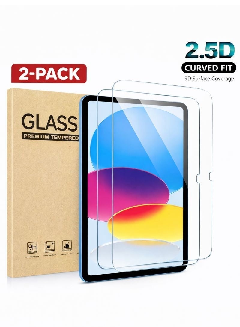 واقي شاشة زجاج مقوى للآيباد (قطعتان) لآيباد الجيل الحادي عشر 11 بوصة (2025 A3354/A3355/A3356) وآيباد الجيل العاشر 10.9 بوصة (2022 A2696/A2757/A2777)، حافة منحنية 2.5D، مقاوم للخدش بدرجة 9H، تركيب بدون فقاعات بغراء Crown - Image 1