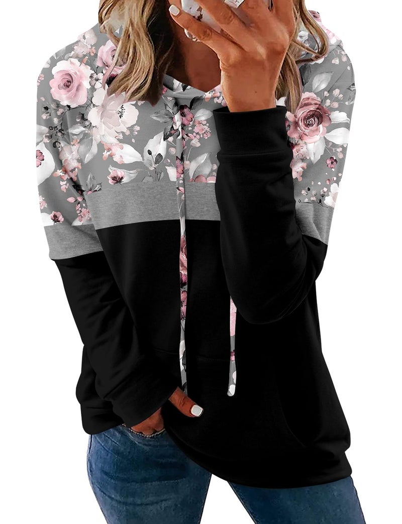 onlypuff 3x Sweatshirts for Women Hoodies Floral Pink Sweatshirts Fashion Hooded Warm Tops Long Sleeve Floral Black - Image 1