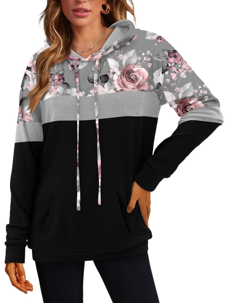 onlypuff 3x Sweatshirts for Women Hoodies Floral Pink Sweatshirts Fashion Hooded Warm Tops Long Sleeve Floral Black - Image 3
