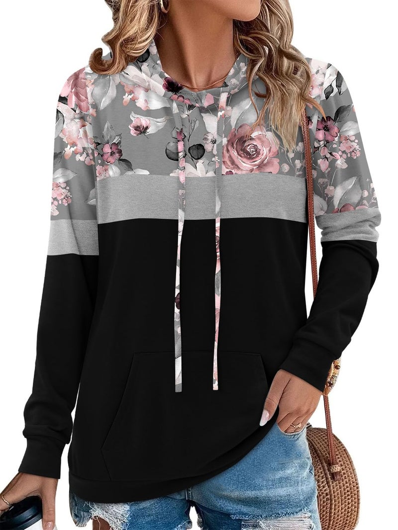 onlypuff 3x Sweatshirts for Women Hoodies Floral Pink Sweatshirts Fashion Hooded Warm Tops Long Sleeve Floral Black - Image 2