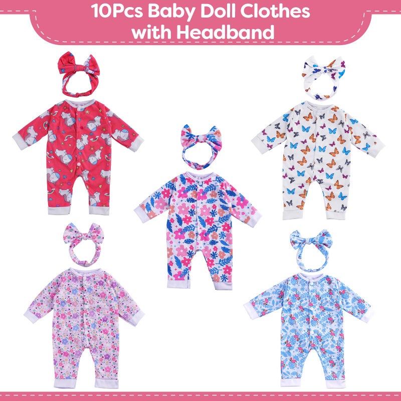 BABESIDE Reborn Baby Doll Clothes for 17-22 Inch Dolls, 5 Sets Baby Doll Clothes Outfits Accessories - Romper Suit and Headband for Baby Doll Boy&Girl Kids Age 3+ Gift - Image 2