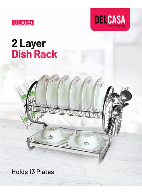 Delcasa 2 layer Iron Dish Rack- DC3029/ Organizer for Kitchen to Keep 13 Plates, Bowls, Glasses, Cups, Cutlery/ Drying Stand with a PP Drain Tray