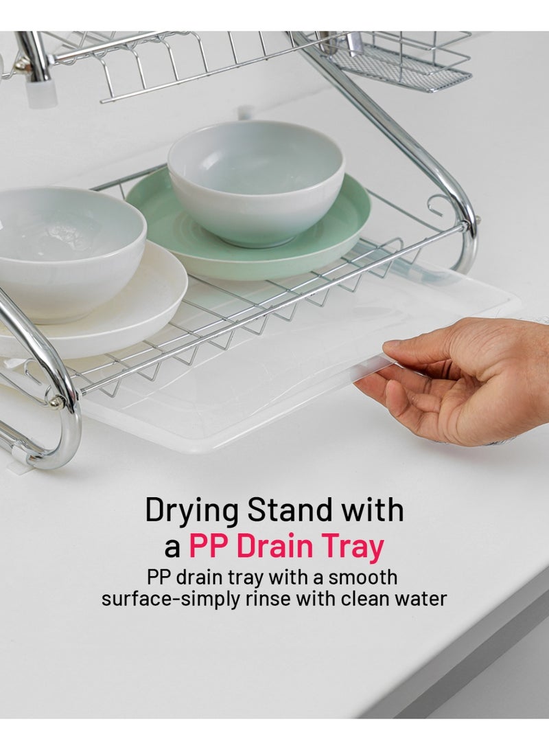 ديلكاسا رف أطباق حديد من ديلكاسا بطبقتين - DC3029/ منظم للمطبخ لحفظ 13 طبقًا وأوعية ونظارات وأكواب وأدوات مائدة/حامل تجفيف مع صينية تصريف من البولي بروبيلين - Image 2