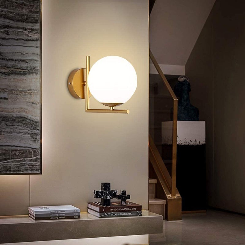 Homenique 60Watts Modern Industrial Light Frosted Finish Wall Sconce Metal Bracket with E27 Socket and Globe Shade Wall Lamp with Bulb Golden - Image 1