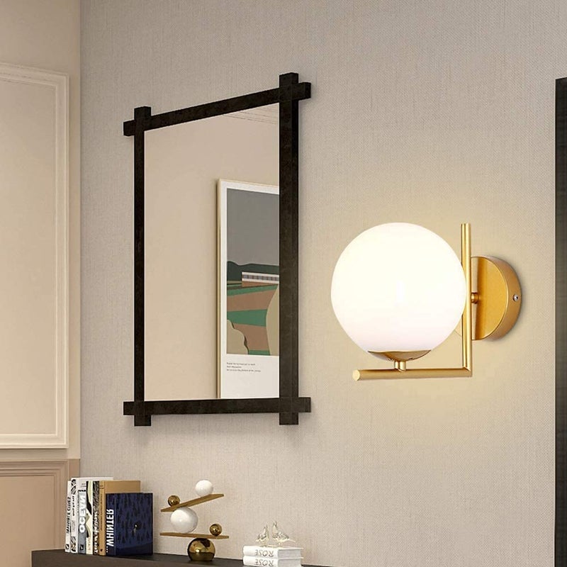 Homenique 60Watts Modern Industrial Light Frosted Finish Wall Sconce Metal Bracket with E27 Socket and Globe Shade Wall Lamp with Bulb Golden - Image 2