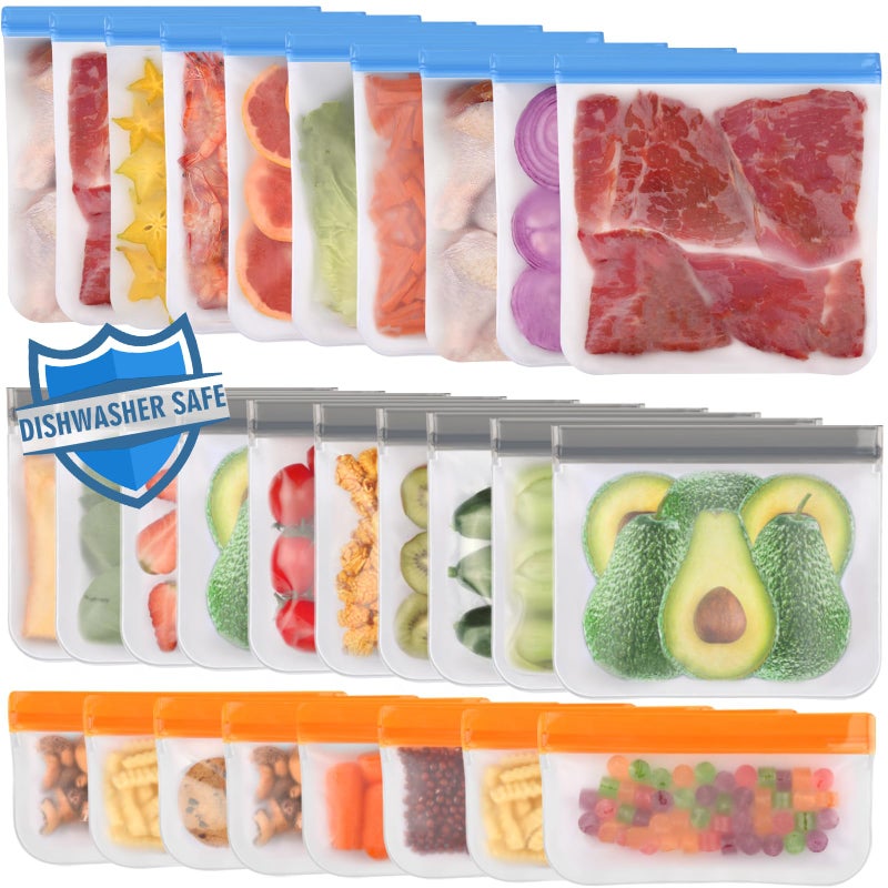 Lerine 28 Pack Dishwasher Safe Reusable Bags Silicone  Extra Thick Leakproof Reusable Freezer Bags  BPA Free Reusable Food Storage Bags for Lunch Meat Veggies - 10 Gallon 10 Sandwich 8 Snack Bags - Image 1