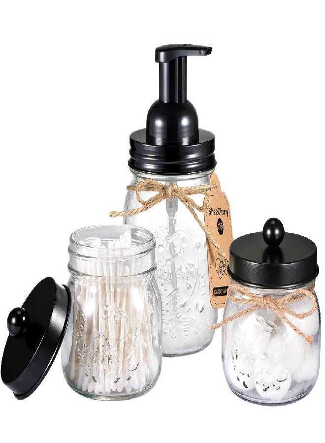 SheeChung Mason Jar Bathroom Accessories Set - Mason Jar Foaming Hand Soap Dispenser and Qtip Holder Set - Rustic Farmhouse Decor Apothecary Jars Bathroom Countertop and Vanity Organizer (Black)-Patent Pending - Image 1