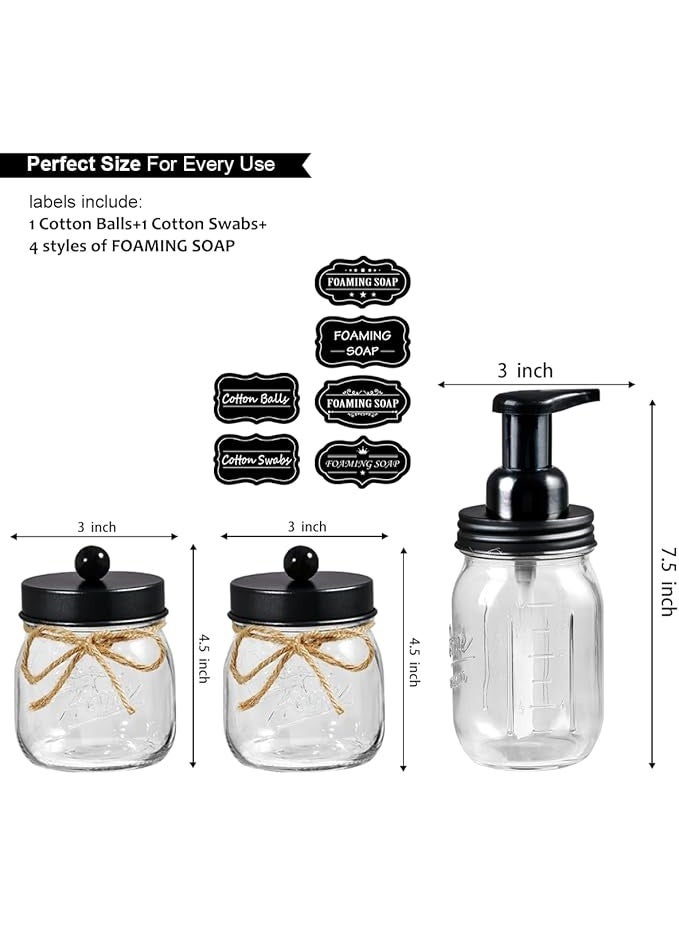 SheeChung Mason Jar Bathroom Accessories Set - Mason Jar Foaming Hand Soap Dispenser and Qtip Holder Set - Rustic Farmhouse Decor Apothecary Jars Bathroom Countertop and Vanity Organizer (Black)-Patent Pending - Image 4