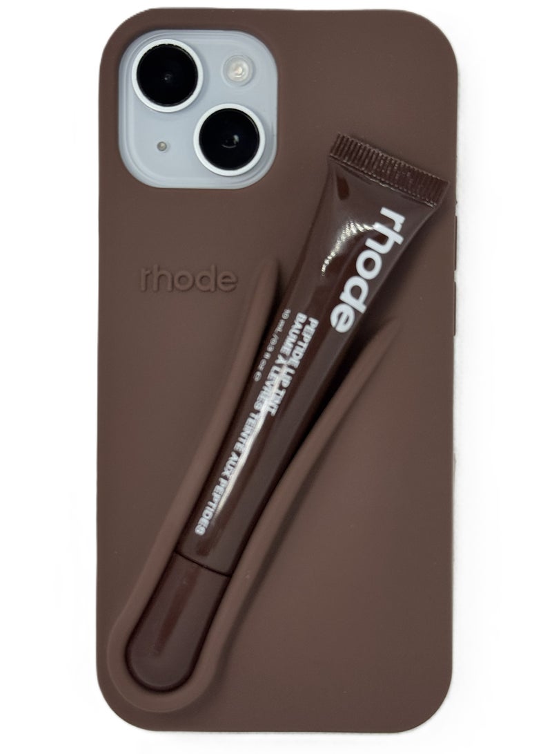 rhode Silicone Lipstick Holder Case for iPhone 15 Plus, Built-in Lip Balm & Lipstick Slot, Shockproof Slim Cover with Camera Protection, Soft Grip (Rich Brown) - Image 2
