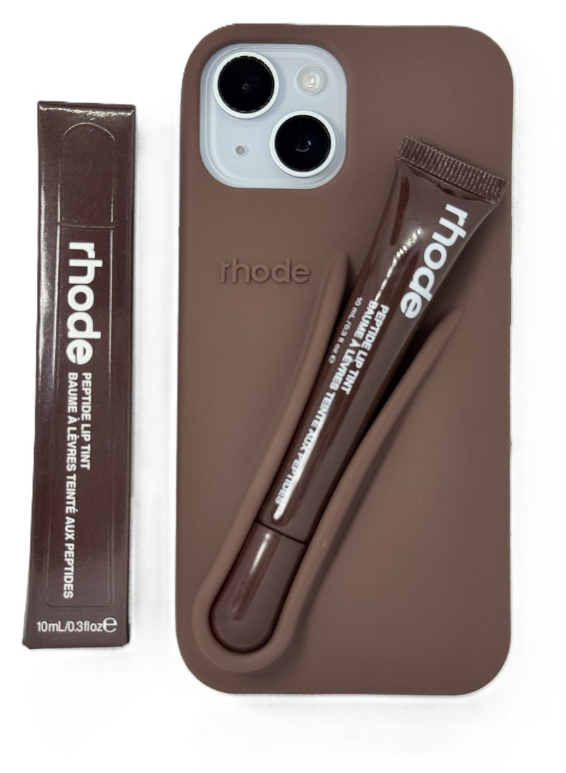 rhode Silicone Lipstick Holder Case for iPhone 15 Plus, Built-in Lip Balm & Lipstick Slot, Shockproof Slim Cover with Camera Protection, Soft Grip (Rich Brown) - Image 1