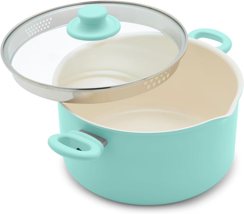 GreenLife وعاء طهي غير لاصق سعة 6QT مع غطاء تصفية، مقبض ناعم، سيراميك خالي من PFAS، فوهة صب، وعاء طهي متعدد الاستخدامات، صلصات وحساء، وعاء حليب، مقابض تبقى باردة، آمن في غسالة الصحون والفرن، تركوازي - Image 1