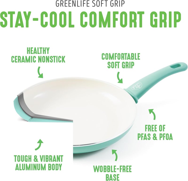 GreenLife وعاء طهي غير لاصق سعة 6QT مع غطاء تصفية، مقبض ناعم، سيراميك خالي من PFAS، فوهة صب، وعاء طهي متعدد الاستخدامات، صلصات وحساء، وعاء حليب، مقابض تبقى باردة، آمن في غسالة الصحون والفرن، تركوازي - Image 3
