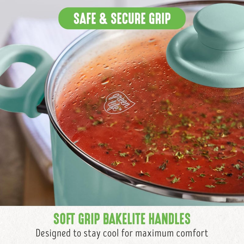 GreenLife وعاء طهي غير لاصق سعة 6QT مع غطاء تصفية، مقبض ناعم، سيراميك خالي من PFAS، فوهة صب، وعاء طهي متعدد الاستخدامات، صلصات وحساء، وعاء حليب، مقابض تبقى باردة، آمن في غسالة الصحون والفرن، تركوازي - Image 5
