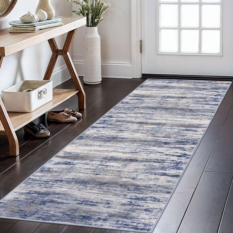 KOZYFLY Modern Abstract Washable Rug Runner 2x6 Runners for Hallways Non-Slip Soft Kitchen Runner Rugs, Print Grey-Blue Striped Carpet Runner for Entryway Bathroom Laundry Room Foyer - Image 1