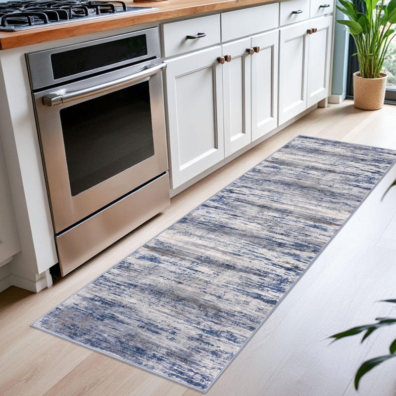 KOZYFLY Modern Abstract Washable Rug Runner 2x6 Runners for Hallways Non-Slip Soft Kitchen Runner Rugs, Print Grey-Blue Striped Carpet Runner for Entryway Bathroom Laundry Room Foyer - Image 3