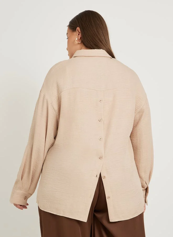 Styli Plus Size Solid Linen Look Button Back Regular Fit Shirt