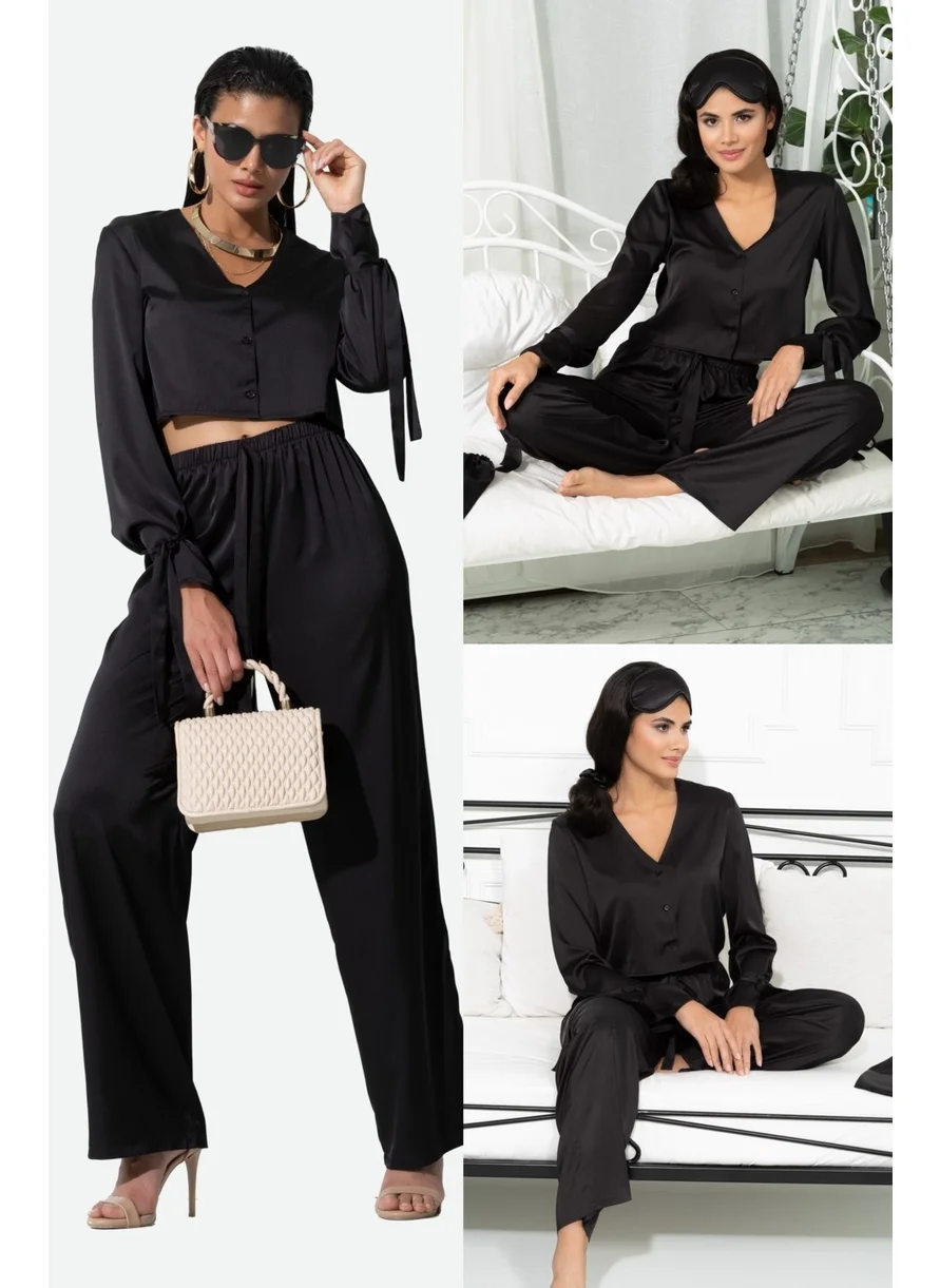 For You In&Out 5-Piece Inside&Outside Black Pajama Set with Sleeve Tie Detail S27247