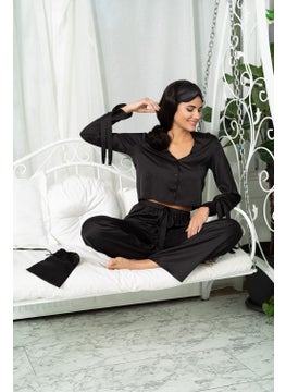 for you in&out 5-Piece Inside&Outside Black Pajama Set with Sleeve Tie Detail S27247  - Image 5