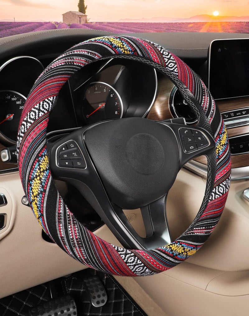 SEG Direct Boho Steering Wheel Cover with Baja Blanket Cloth Ethnic Style Auto Wheel Cover Made of Coarse Flax Fits 14 1215 14 inches Car Wheel - Image 2