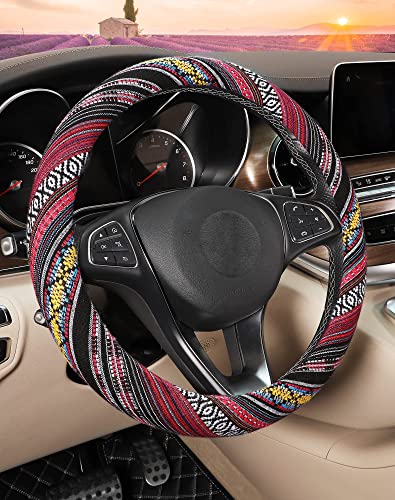SEG Direct Boho Steering Wheel Cover with Baja Blanket Cloth Ethnic Style Auto Wheel Cover Made of Coarse Flax Fits 14 1215 14 inches Car Wheel - Image 1