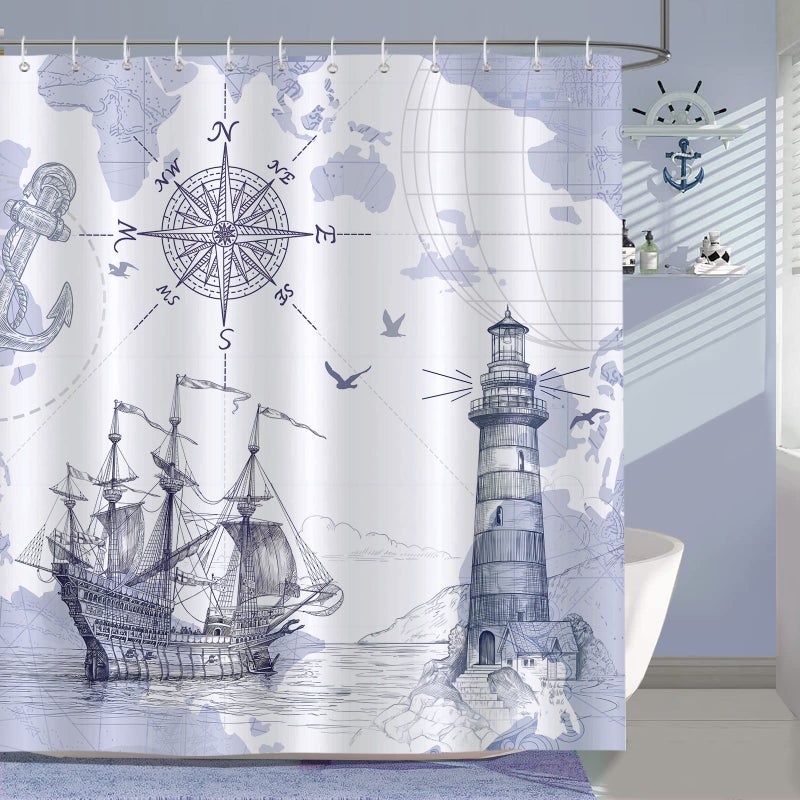 Bonhause Nautical Map Shower Curtain Lighthouse Sailboat Compass Anchor Coastal Bathroom Curtain 72 x 72 Inch Polyester Fabric Waterproof Bath Curtain with 12 Hooks