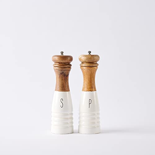 Mud Pie Farmhouse Wood and Enamel Mills Salt and Pepper Set, 10 1/2" x 3" dia, White, Brown - Image 4