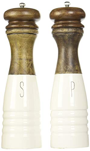 Mud Pie Farmhouse Wood and Enamel Mills Salt and Pepper Set, 10 1/2" x 3" dia, White, Brown - Image 1