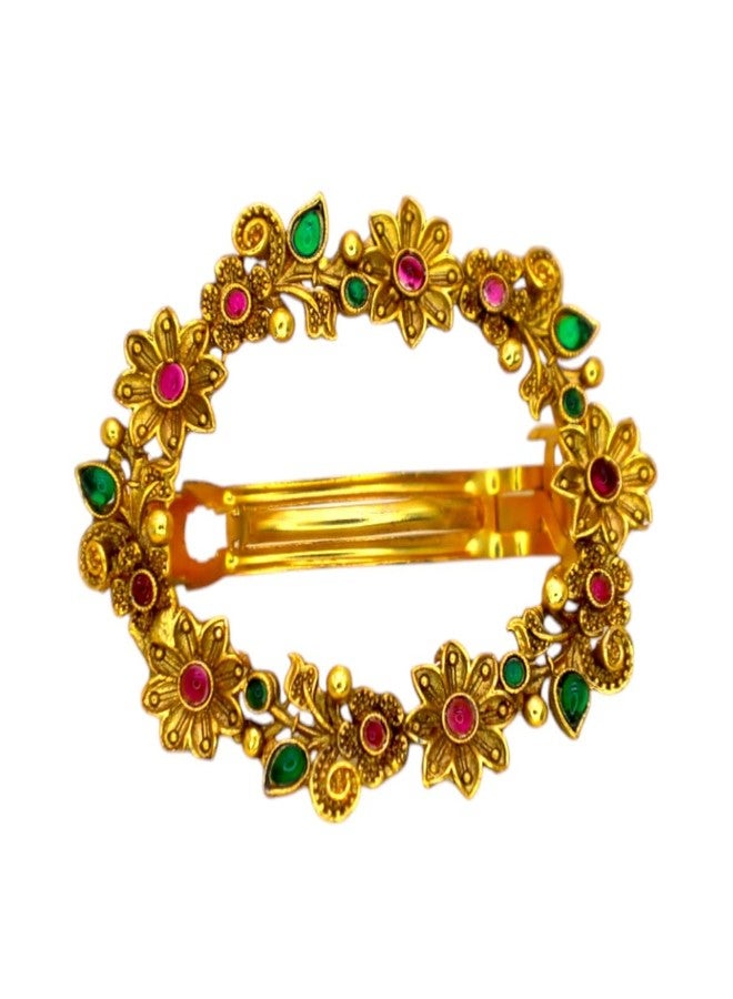 JWELLA Traditional Temple Design Gold-Plated Hair Barrette Clip (Round Shape Design) (Design 8) - Image 1