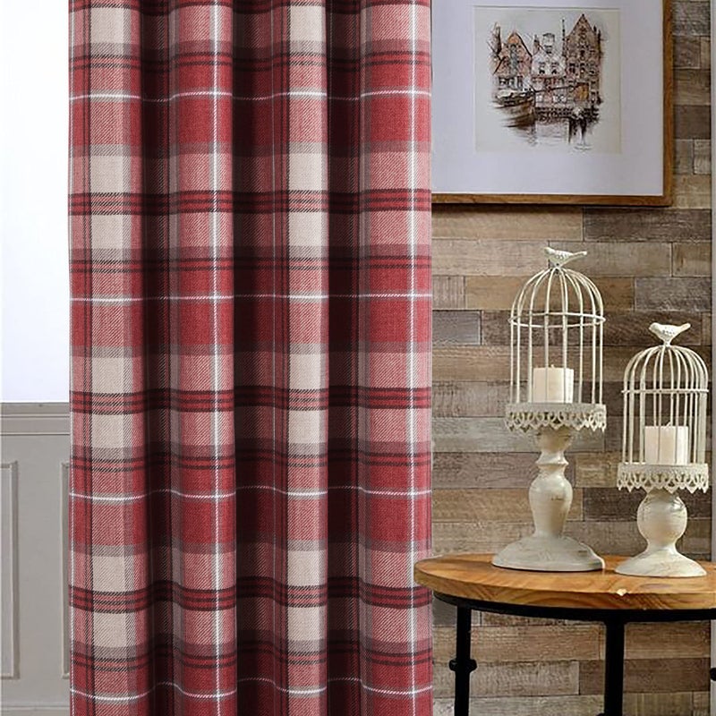 always4u Plaid Curtains Highland Woolen Look Modern Classic Window Drapes Red Check Tartan Curtains for Living Room Bedroom 2 Panels Burgundy Red 54 * 63 Inches - Image 2