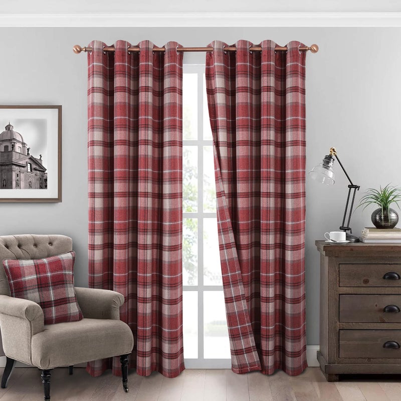 always4u Plaid Curtains Highland Woolen Look Modern Classic Window Drapes Red Check Tartan Curtains for Living Room Bedroom 2 Panels Burgundy Red 54 * 63 Inches - Image 1