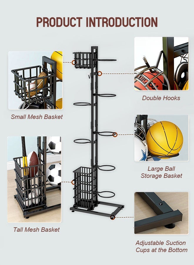 أوبتيا رف كرة السلة، رف تخزين الكرات، حامل كرة القدم، مرآب تخزين الكرات، حامل الكرات، تخزين المعدات الرياضية للمرآب، حامل عرض عمودي لكرة السلة والكرة الطائرة وكرة القدم مع سلة رف تخزين الكرات المحمول لتخزين الألعاب/المعدات الرياضية في الأماكن المغلقة - Image 2