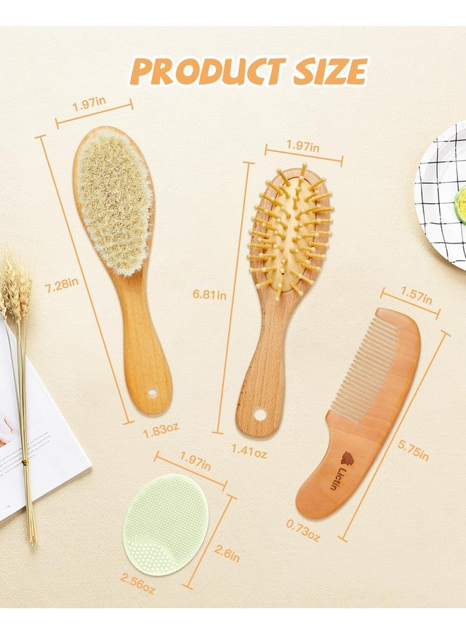 Lictin Lictin Baby Hair Brush and Comb Set, 4 Pcs Newborn Hair Brush with Soft Bristle, Natural Goat Hair and Wood Baby Cradle Cap Comb for Newborns & Toddlers, Newborn Baby Essentials, Perfect Registry Gift - Image 1