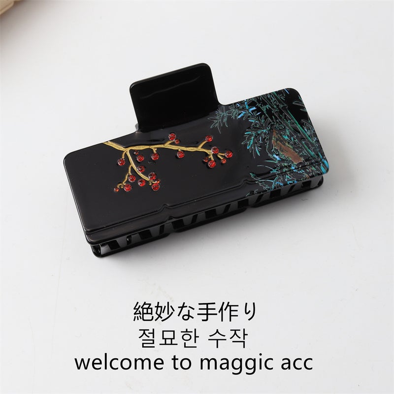 Generic New Chinese Ink Landscape Hair Claw Clip Women 1# Black Rectangular Grip 9.5cm