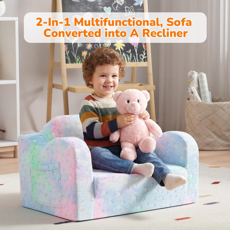 MeMoreCool Glowing Pastel Rainbow Kids Chair, 2-in-1 Foldable Kids Couch and Kids Sofa for Playroom Nursery, Soft Foam Fold Out Kids Couch with Glow-in-the-Dark Stars, Washable Cover - Image 5
