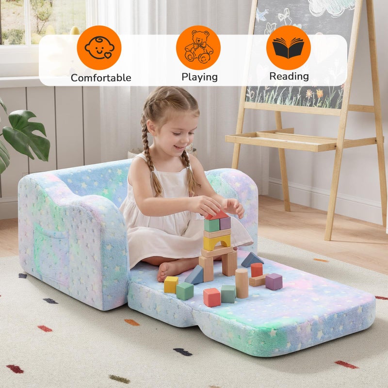 MeMoreCool Glowing Pastel Rainbow Kids Chair, 2-in-1 Foldable Kids Couch and Kids Sofa for Playroom Nursery, Soft Foam Fold Out Kids Couch with Glow-in-the-Dark Stars, Washable Cover - Image 2