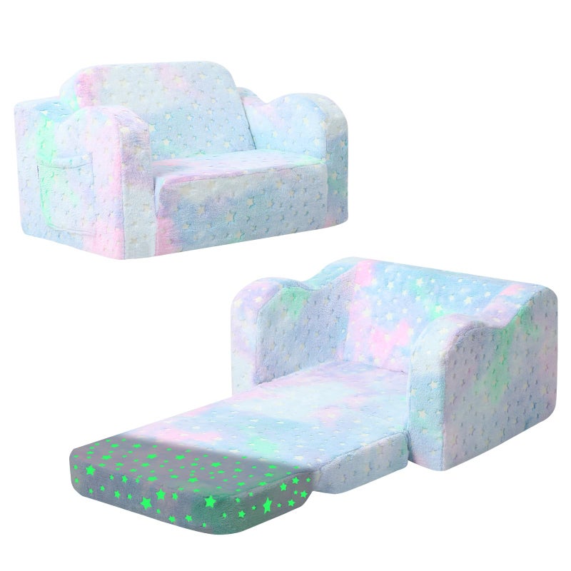 MeMoreCool Glowing Pastel Rainbow Kids Chair, 2-in-1 Foldable Kids Couch and Kids Sofa for Playroom Nursery, Soft Foam Fold Out Kids Couch with Glow-in-the-Dark Stars, Washable Cover - Image 1