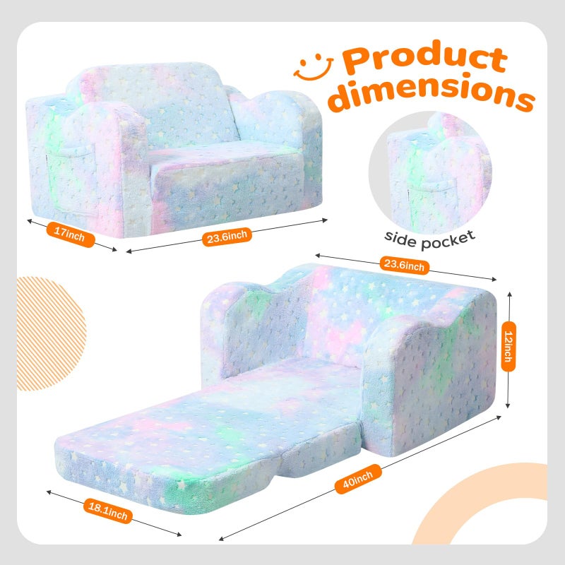 MeMoreCool Glowing Pastel Rainbow Kids Chair, 2-in-1 Foldable Kids Couch and Kids Sofa for Playroom Nursery, Soft Foam Fold Out Kids Couch with Glow-in-the-Dark Stars, Washable Cover - Image 3