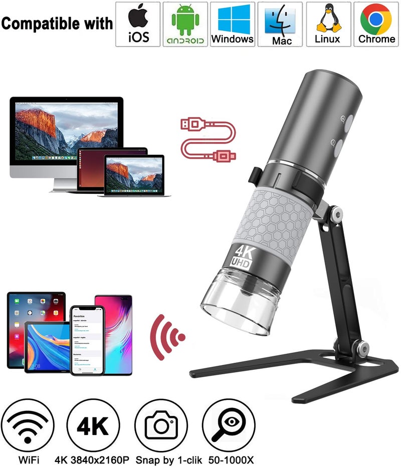 Jiusion WiFi USB Digital Handheld Microscope, 50 to 1000x Wireless Magnification Endoscope 4K 3840x2160P Camera 8 LEDs with Metal Stand for iPhone iPad Android Mac Windows Linux Chrome - Image 2