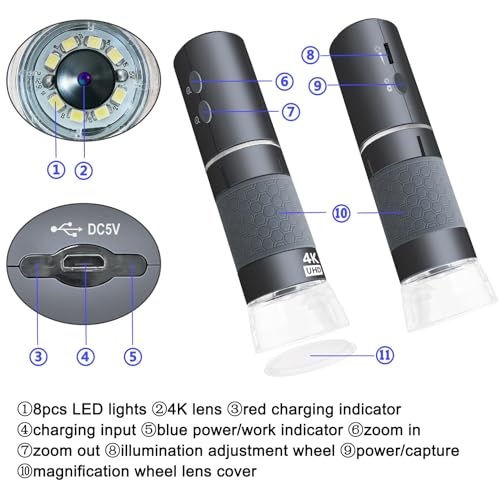 Jiusion WiFi USB Digital Handheld Microscope, 50 to 1000x Wireless Magnification Endoscope 4K 3840x2160P Camera 8 LEDs with Metal Stand for iPhone iPad Android Mac Windows Linux Chrome - Image 5