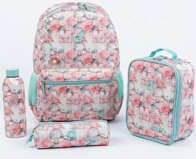 Depo 4-Piece Floral School Backpack Set for Girls – 44 cm Backpack with Insulated Lunch Bag, Pencil Case & Premium Stainless Steel Water Bottle | Lightweight, Durable & Stylish