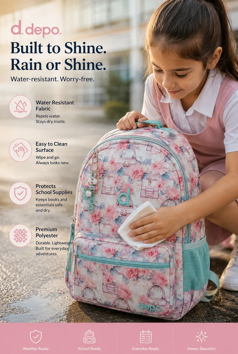 Depo 4-Piece Floral School Backpack Set for Girls – 44 cm Backpack with Insulated Lunch Bag, Pencil Case & Premium Stainless Steel Water Bottle | Lightweight, Durable & Stylish